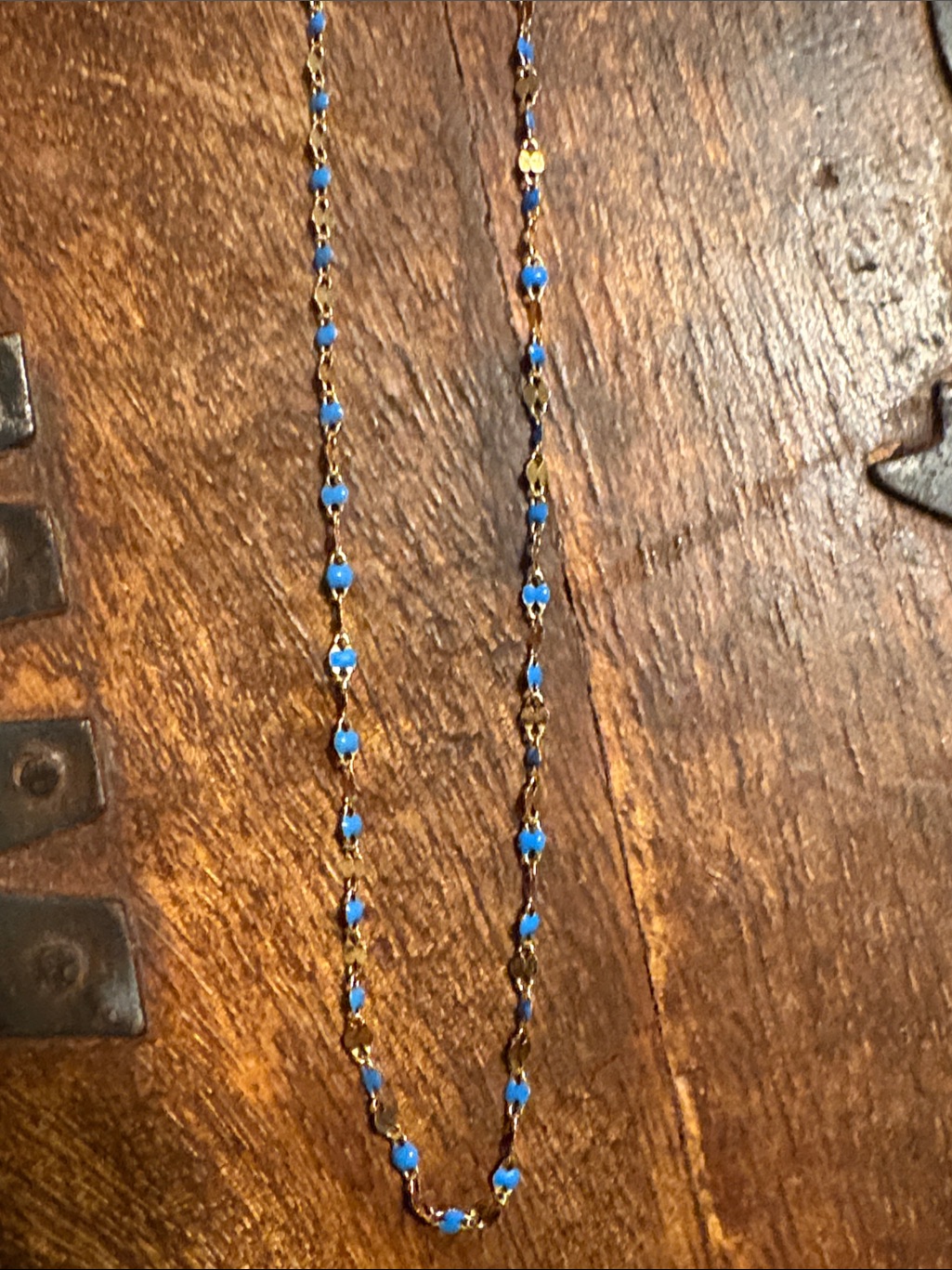 14k Gold Chain Necklace With Enamel Blue Bead Accents - Women Jewelry